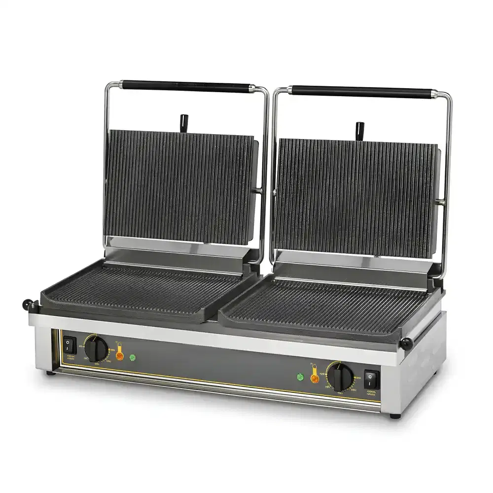 Roller Grill, Double Panini Grill, 6 kW, Electric, Ribbed Plates, 96 panini/hr