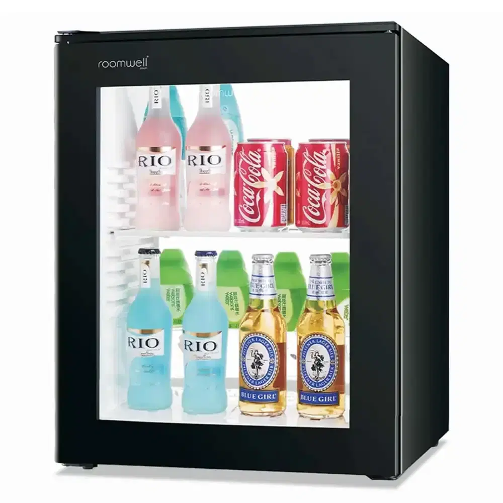 Roomwell High Cool Absorption Minibar, Glass Door 30 Litres, H 49 x W 40 x D 40.6 cm, 100% Silent, Ultra-Cooling, CFC/HCFC Free, Color Black