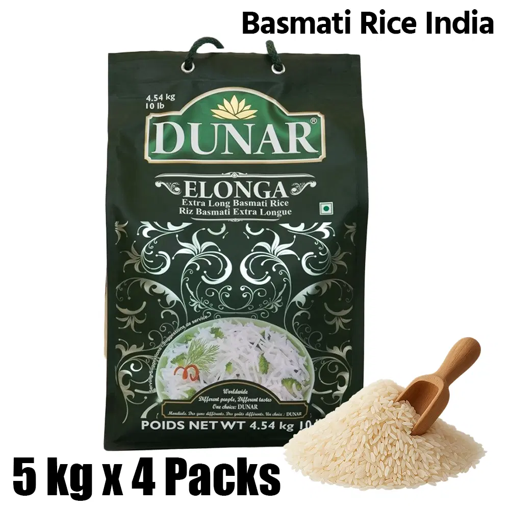 Dunar, Elonga Long XXL Basmati Rice, India, 1 Box (4 Pack x 5kg Each)